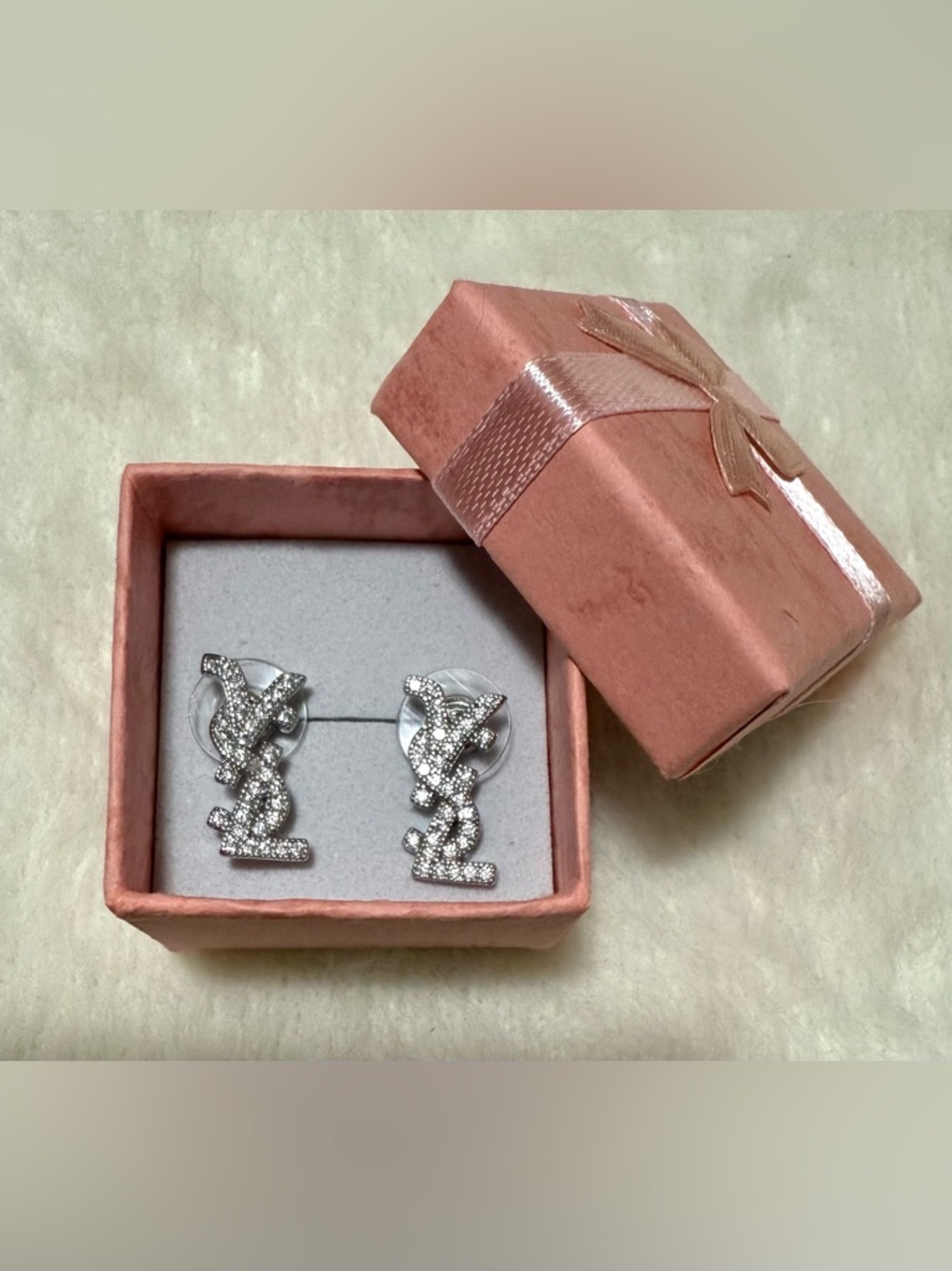 Silver Crystal Monogram YSL-Initial Silver Stud Fashion Earrings